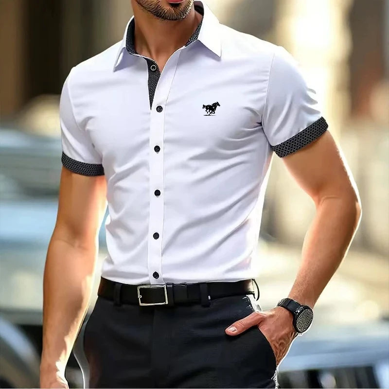 Men Contrast Trim Short Sleeve Dress Shirt Dark Green Slim Button Up Shirt Male Business Casual Formal Office Work Shirts