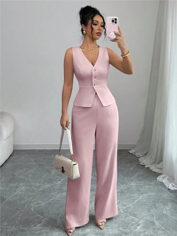 2026 Summer New Solid Color Two Piece Sets Women V-neck Sleeveless Slim Single-breasted Vest Top + Wide-leg Trousers 2-piece Set