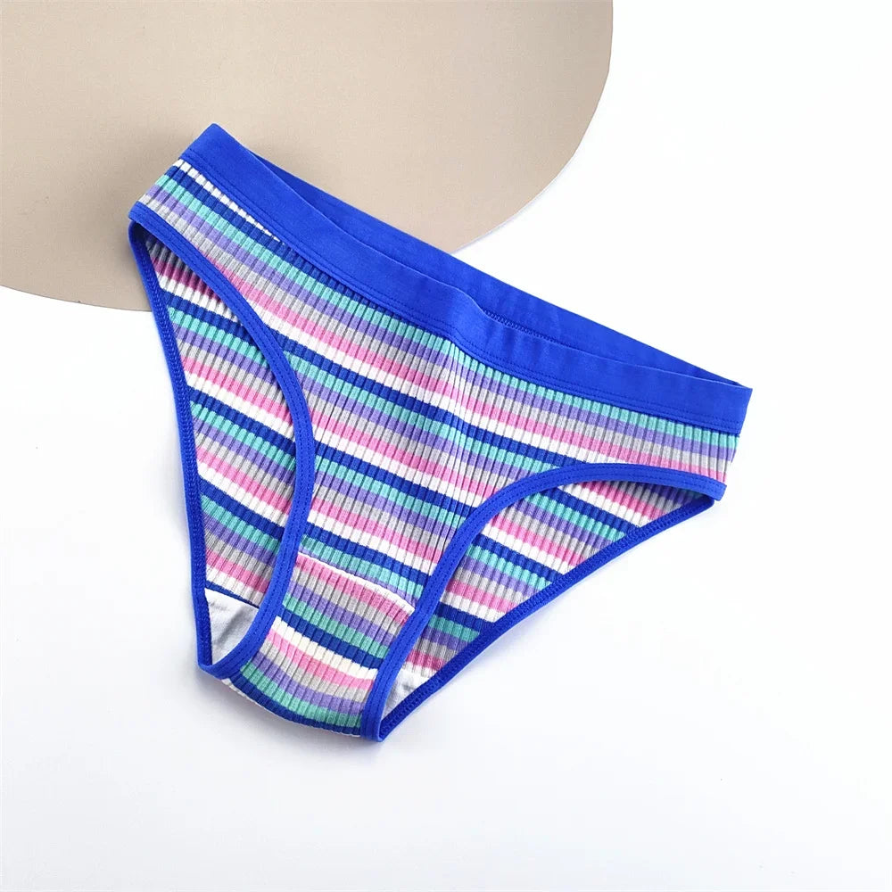 CRWC 3Pcs Cotton Pants Women Underwear Low Waist Striped Briefs Colorful Girls Cute Stretch Lingerie Plus Size