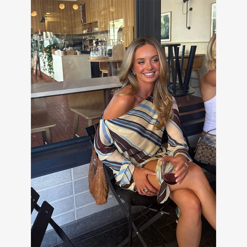 Lady Long Sleeve Striped Dress High Waist Stretch Beach Daily Casual Lace Up Soft Mini Dresses 2026 Fashionable Vacation Gowns