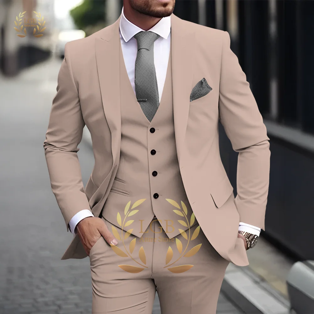 Men's Khaki 3-Piece Suit Classic Peak Lapel Business Formal Wedding Groom Slim Fit Elegant Gentleman Style Fashion Blazer