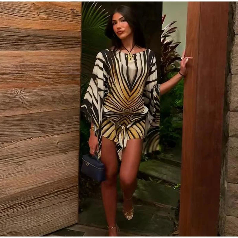 Lady Long Sleeve Striped Dress High Waist Stretch Beach Daily Casual Lace Up Soft Mini Dresses 2026 Fashionable Vacation Gowns