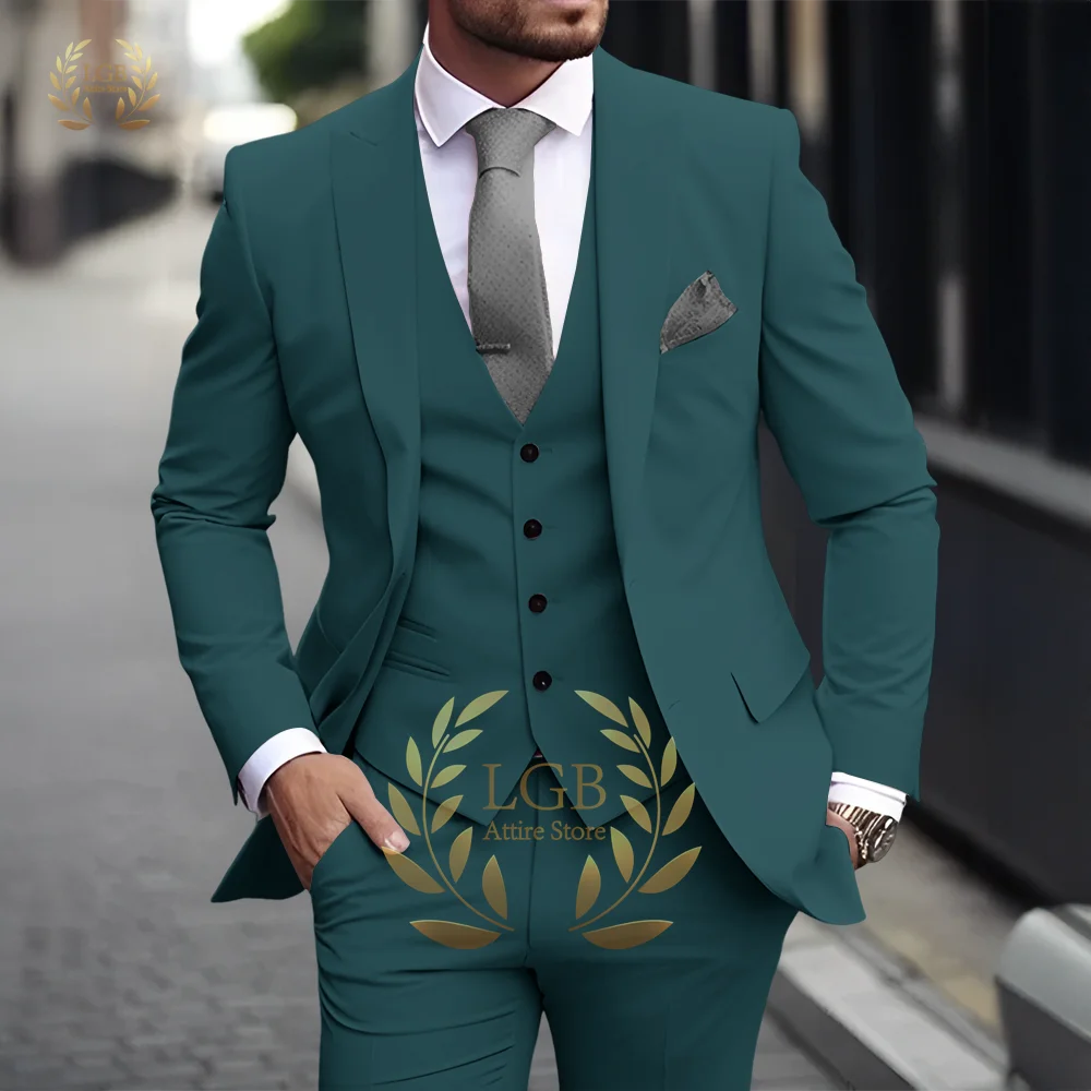 Men's Khaki 3-Piece Suit Classic Peak Lapel Business Formal Wedding Groom Slim Fit Elegant Gentleman Style Fashion Blazer