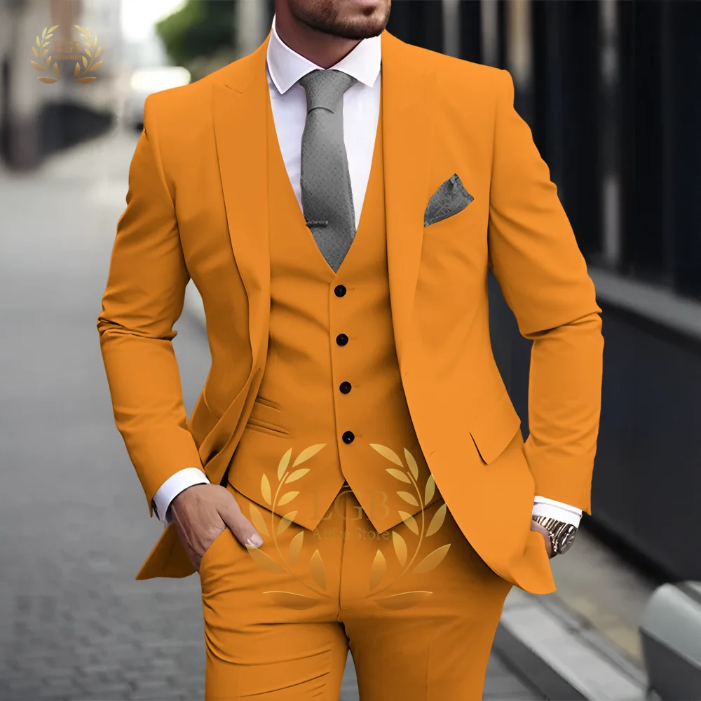 Men's Khaki 3-Piece Suit Classic Peak Lapel Business Formal Wedding Groom Slim Fit Elegant Gentleman Style Fashion Blazer