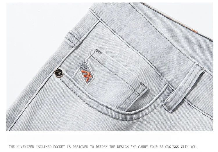 2024 New in Streetwear New Men's Light Gray Thin Slim Fit Jeans  Business Stretch Denim Trousers Male Pants