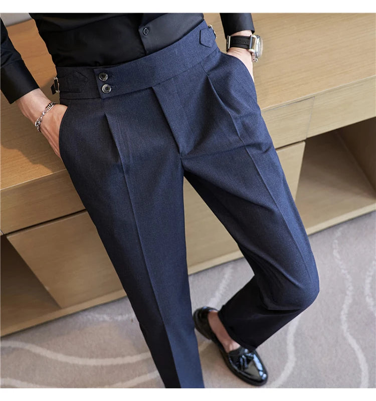 British Style Men High Waist Casual Dress Pant Men Belt Design Pink Trousers Formal Office Social Wedding Party Dress Suit Pants