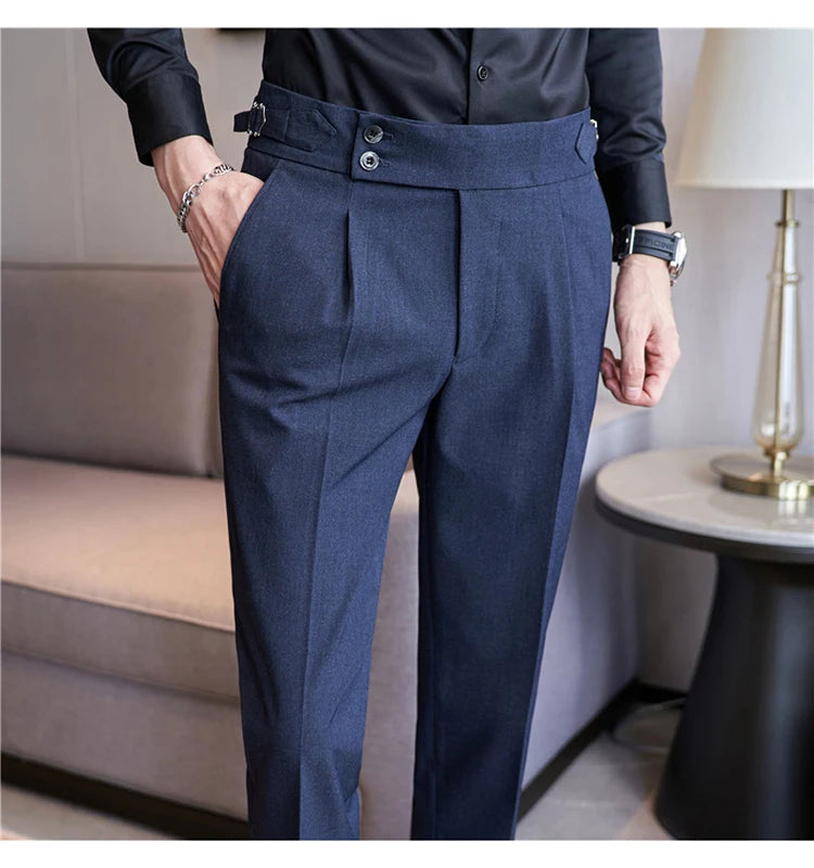 British Style Men High Waist Casual Dress Pant Men Belt Design Pink Trousers Formal Office Social Wedding Party Dress Suit Pants