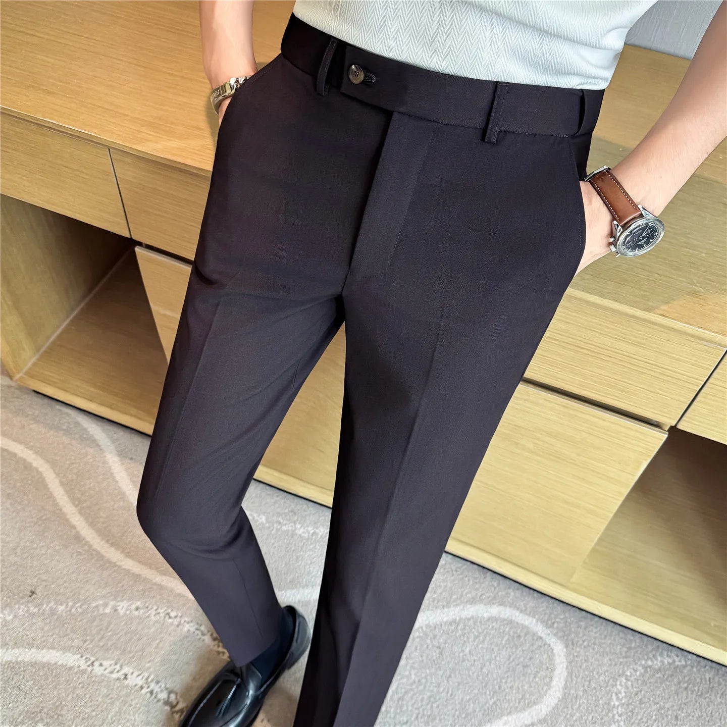 2026 Men's Suit Pants – Striped Formal Trousers in Brown, High-Quality Business Slim Fit Dress Pants for Office & Wedding Wear.