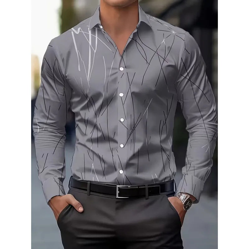 Men's Long Sleeve Geometric Line Print Dress Shirt Slim Fit Formal Casual Button Down Business Top Camisa Masculina De Negócios