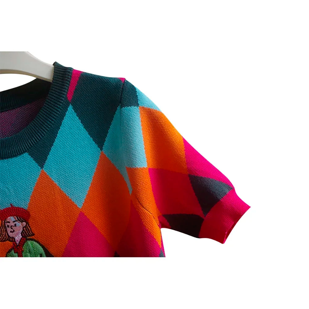 2024 Summer Argyle Sequines Knitted T Shirt Women Fashion Casual Cartoon O-Neck Short Sleeve Sweater Pullover Ladies Tops Tees
