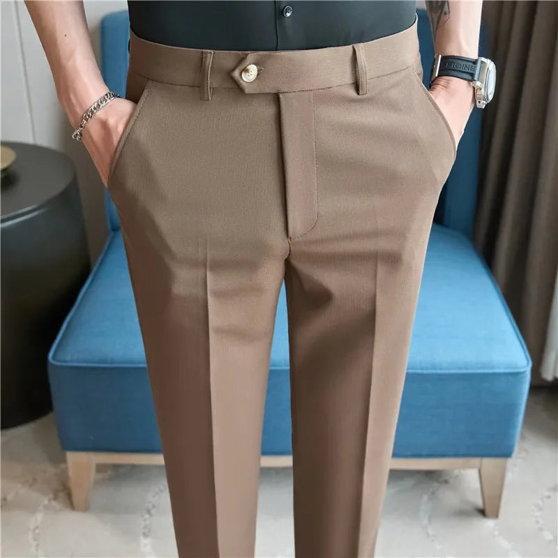 2025  New Autumn Green Premium Dark Stripe Formal Pants for Men,Coffee Slim Small Foot Mens Casual Trousers/Dress Pants Men