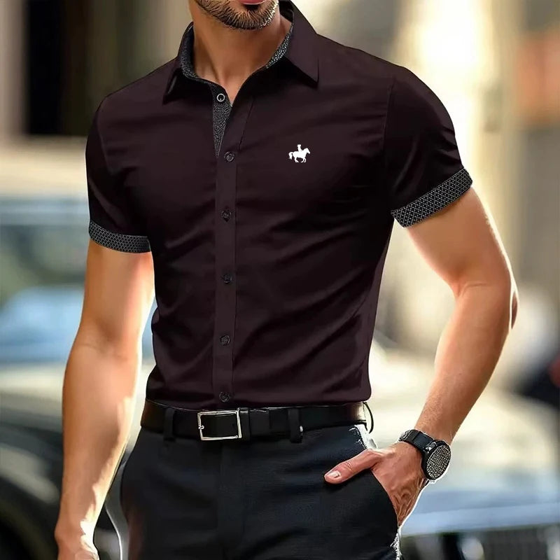 Men Contrast Trim Short Sleeve Dress Shirt Dark Green Slim Button Up Shirt Male Business Casual Formal Office Work Shirts