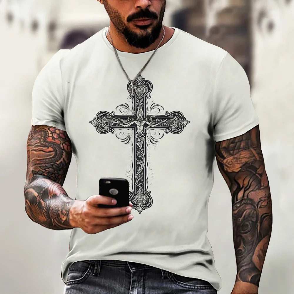 New Fashion Personality Men's T-Shirt Christian Cross Pattern 3D Printed Retro Short Sleeve O Neck Quick Dry High Quality Top