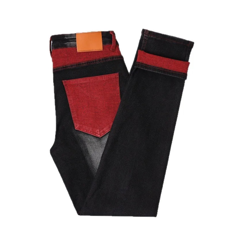Men's Black Stretch Jeans for Spring and Fall, Denim Pants with Red Ripped Details, Asian Sizes 28–42.