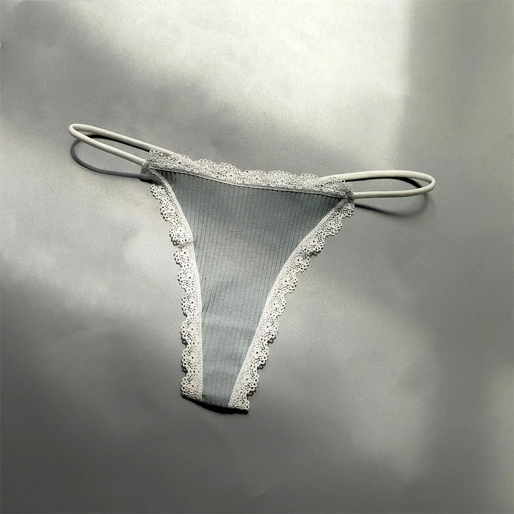 2PCS Cotton Lace Trim Underwear Woman Sexy Thong Lingerie Soft Ribbed Strings T-back Underwear Plus Size S-XL
