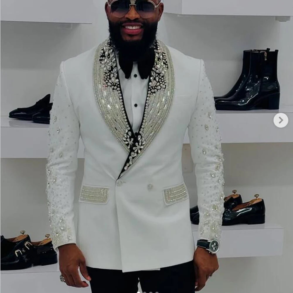 Luxury Beads Crystals Men Suit Attire Shiny Lapel Groom Tuxedos 2 Piece Man Fashion Party Prom Blazer Customized Costume Homme