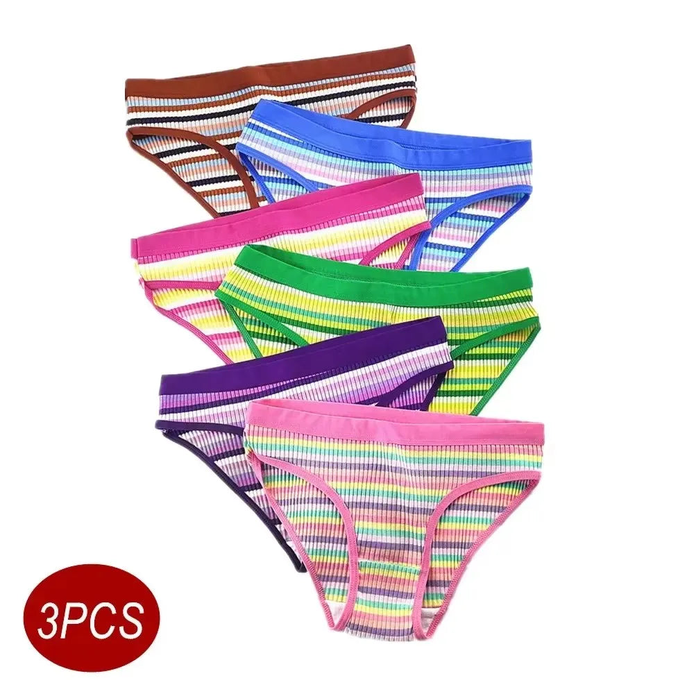 CRWC 3Pcs Cotton Pants Women Underwear Low Waist Striped Briefs Colorful Girls Cute Stretch Lingerie Plus Size