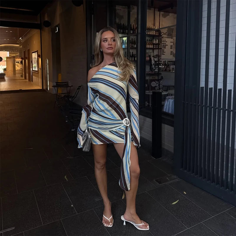 Lady Long Sleeve Striped Dress High Waist Stretch Beach Daily Casual Lace Up Soft Mini Dresses 2026 Fashionable Vacation Gowns