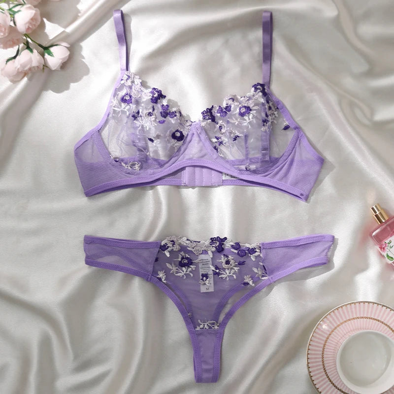Purple Fancy Lingerie Set Female Underwear Embroidery Flower Bra And Panty Sets Women Outfits