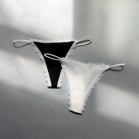 2PCS Cotton Lace Trim Underwear Woman Sexy Thong Lingerie Soft Ribbed Strings T-back Underwear Plus Size S-XL