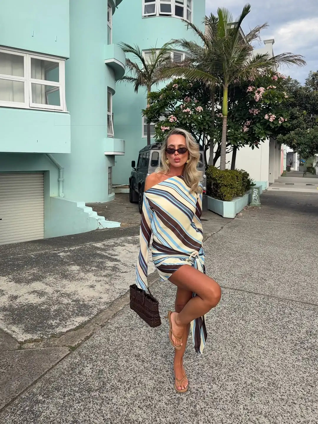 Lady Long Sleeve Striped Dress High Waist Stretch Beach Daily Casual Lace Up Soft Mini Dresses 2026 Fashionable Vacation Gowns
