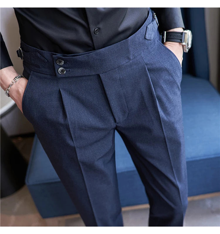 British Style Men High Waist Casual Dress Pant Men Belt Design Pink Trousers Formal Office Social Wedding Party Dress Suit Pants