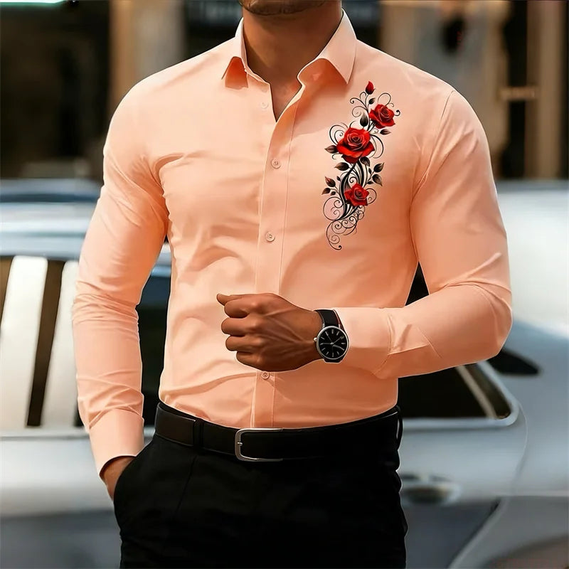 Men's Long-Sleeved Shirt, Featuring a Vintage Red Rose Print Design. A Stylish Business Casual Shirt and Fashionable Men's Top.