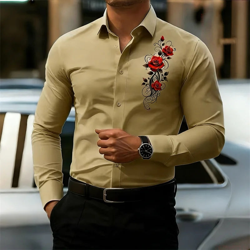 Men's Long-Sleeved Shirt, Featuring a Vintage Red Rose Print Design. A Stylish Business Casual Shirt and Fashionable Men's Top.