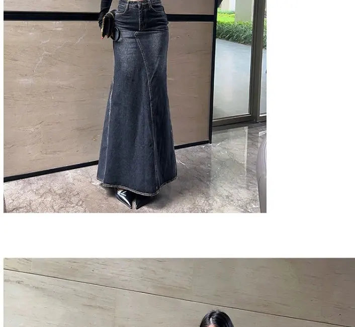 Maxi Skirt Women Casual Mermaid Streatwear High Waist Zipper Denim Skirts Y2k Streetwear Loose Long Mom Jeans Ankle Lenth Summer