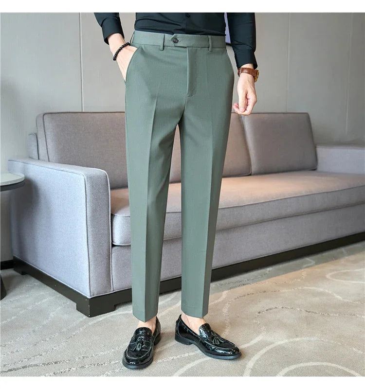 2025  New Autumn Green Premium Dark Stripe Formal Pants for Men,Coffee Slim Small Foot Mens Casual Trousers/Dress Pants Men