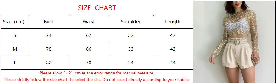 Women's Sexy Mesh Beaded Tops Ladies Fashion Sequins Long Sleeve Top T-Shirt Summer Casual Pullover for Female 2024 New