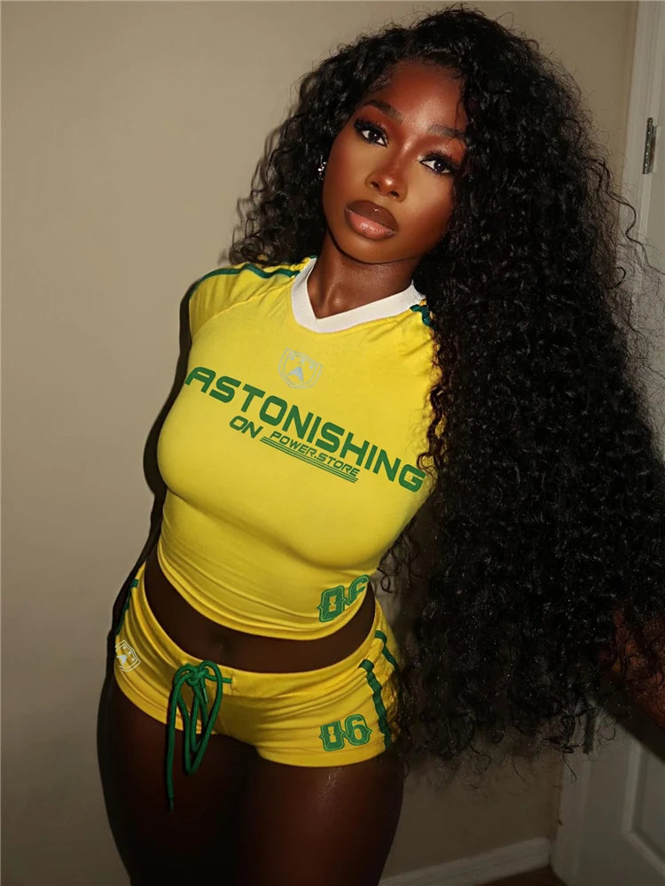 Weird Puss Casual Sporty 2 Piece Set Woman Summer Trend Letter Print V-Neck Tank Tops+Drawstring Shorts Daily Simple Tracksuits