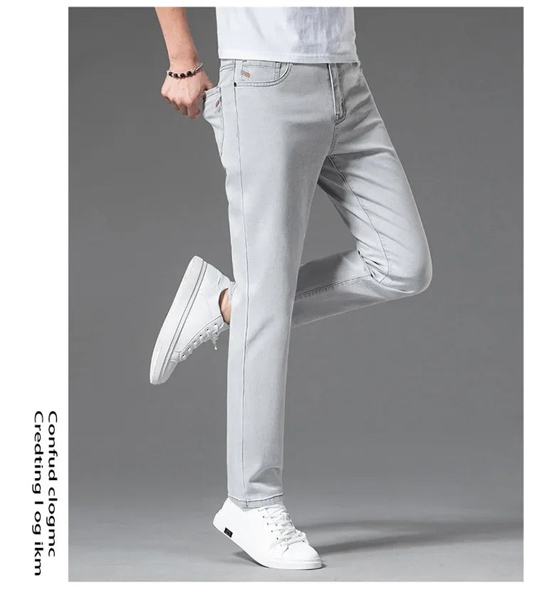 2024 New in Streetwear New Men's Light Gray Thin Slim Fit Jeans  Business Stretch Denim Trousers Male Pants