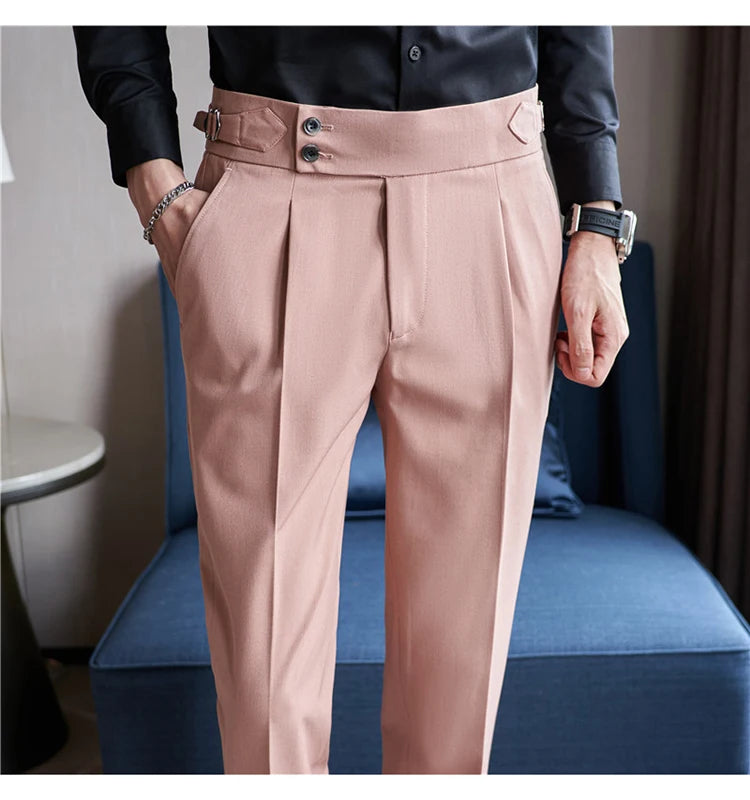 British Style Men High Waist Casual Dress Pant Men Belt Design Pink Trousers Formal Office Social Wedding Party Dress Suit Pants