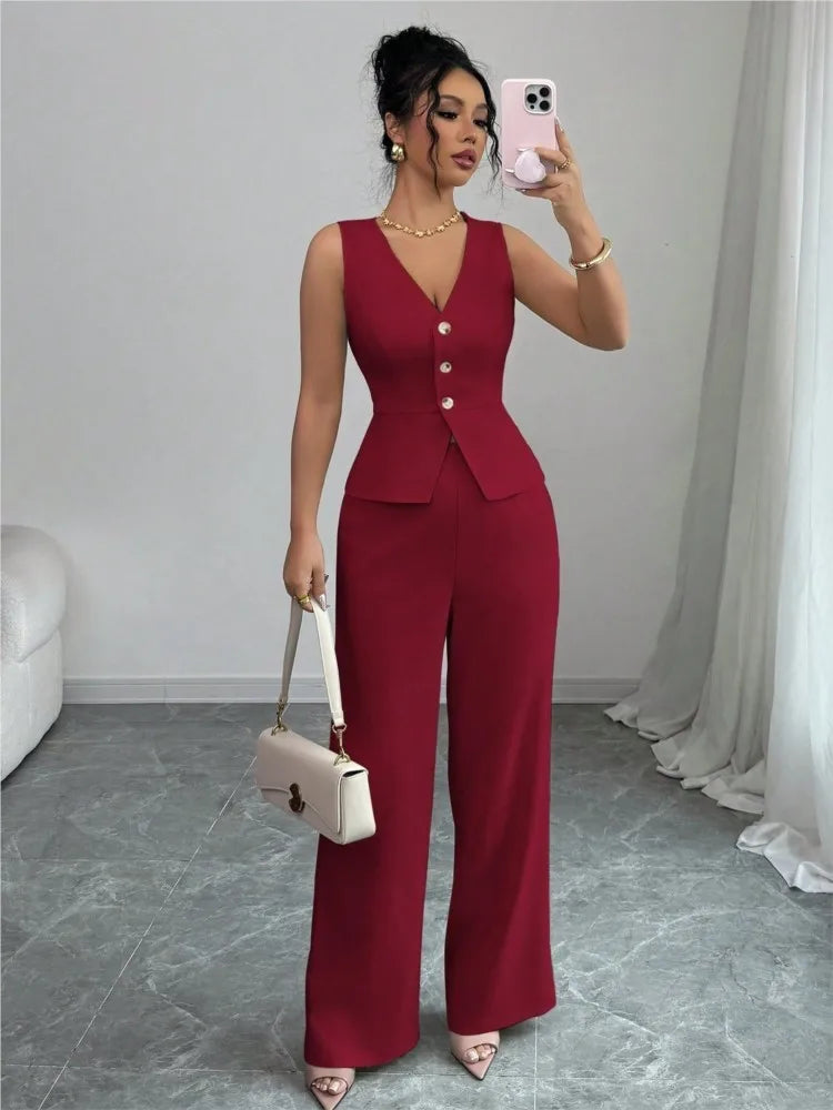 2026 Summer New Solid Color Two Piece Sets Women V-neck Sleeveless Slim Single-breasted Vest Top + Wide-leg Trousers 2-piece Set