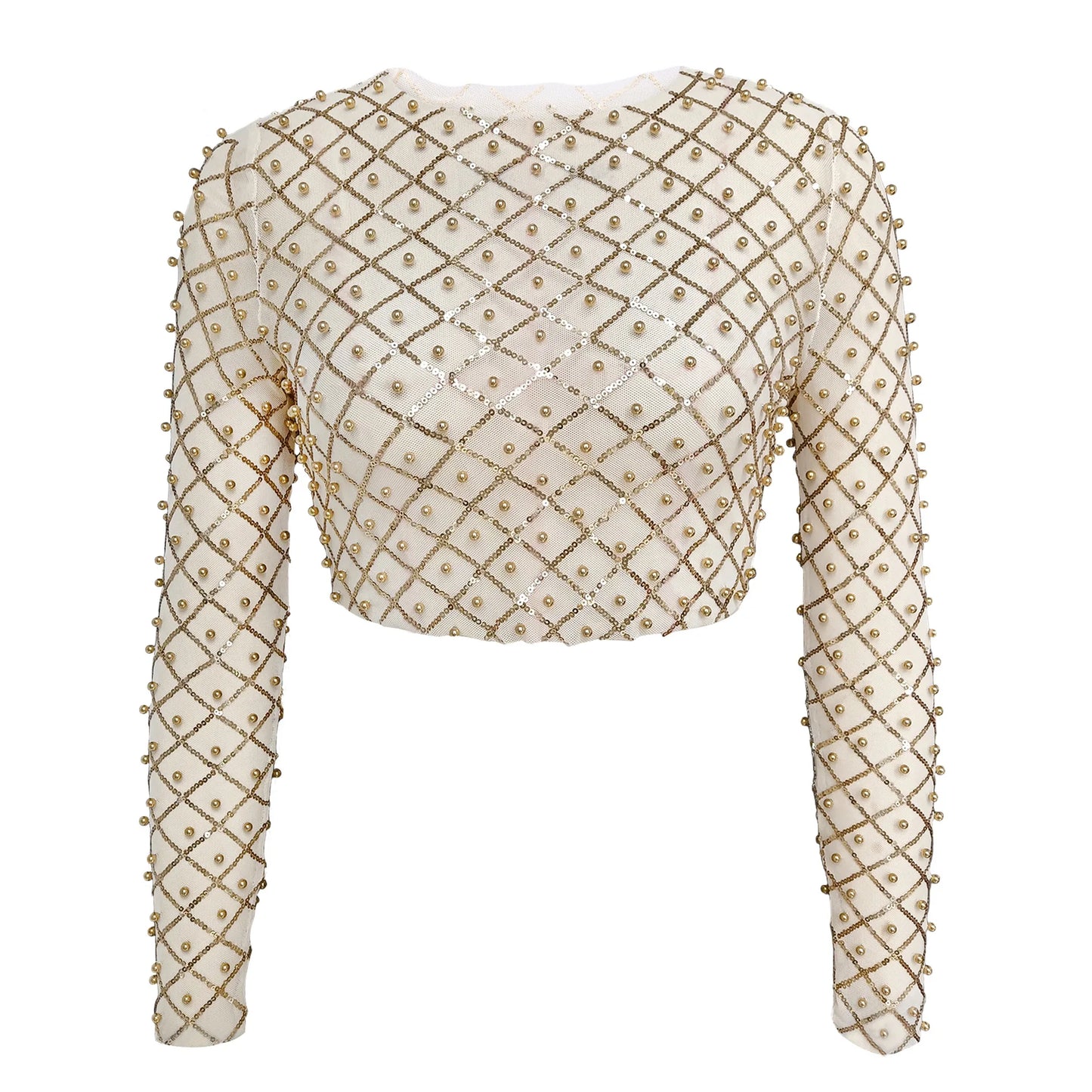 Women's Sexy Mesh Beaded Tops Ladies Fashion Sequins Long Sleeve Top T-Shirt Summer Casual Pullover for Female 2024 New