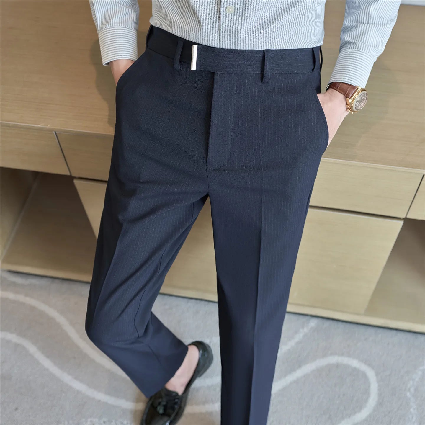 2026 Men's Suit Pants – Striped Formal Trousers in Brown, High-Quality Business Slim Fit Dress Pants for Office & Wedding Wear.
