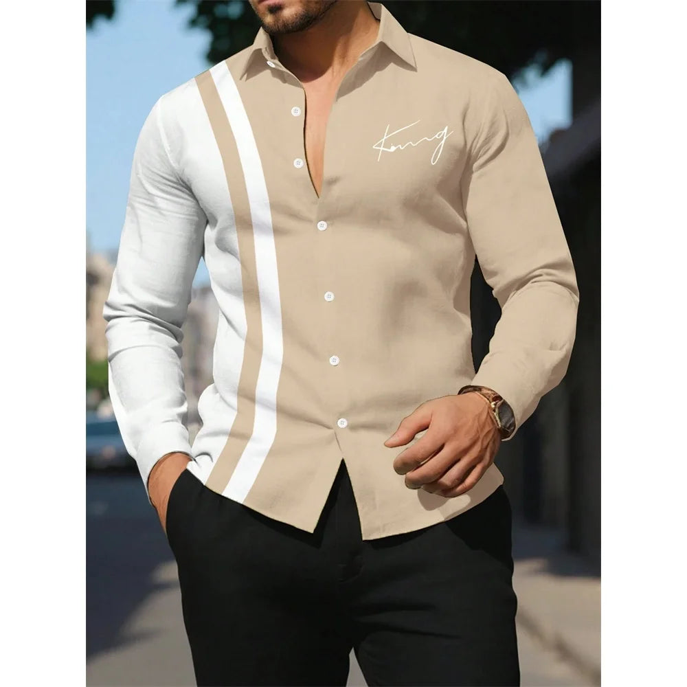 Men's Shirt Letter Striped Print Men's Long-Sleeved Shirt Autumn Casual Tops Beach Men Clothing Oversized Men's Fashion Shirts