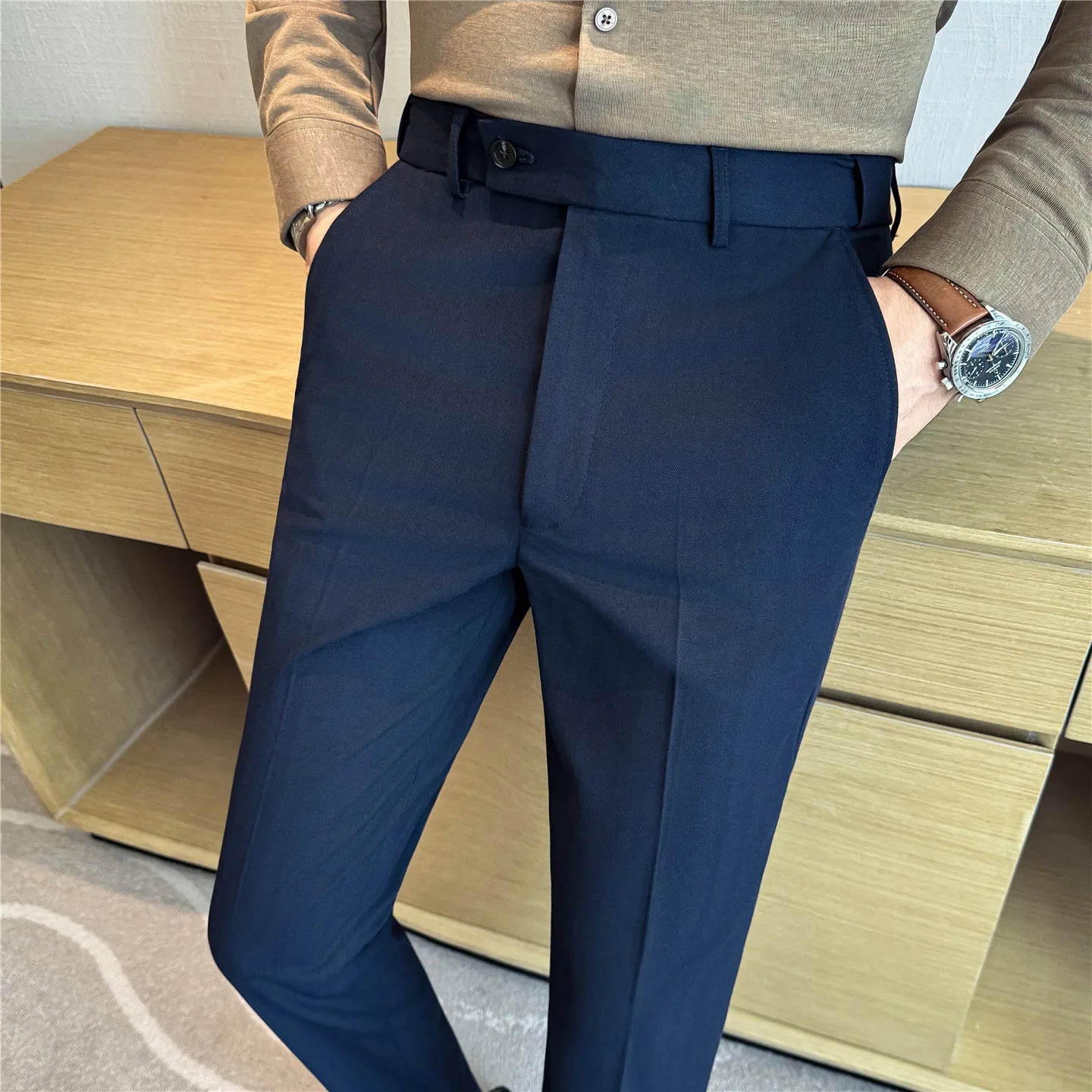 2026 Men's Suit Pants – Striped Formal Trousers in Brown, High-Quality Business Slim Fit Dress Pants for Office & Wedding Wear.