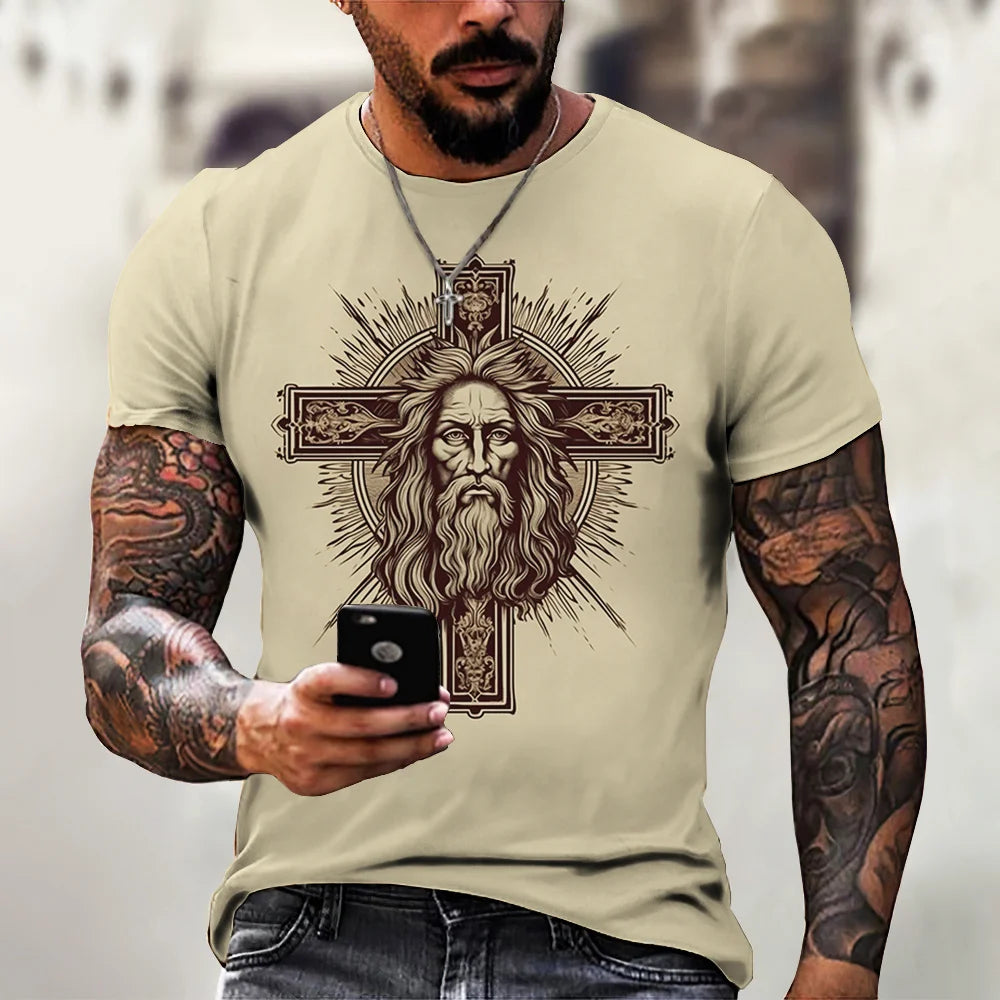 New Fashion Personality Men's T-Shirt Christian Cross Pattern 3D Printed Retro Short Sleeve O Neck Quick Dry High Quality Top