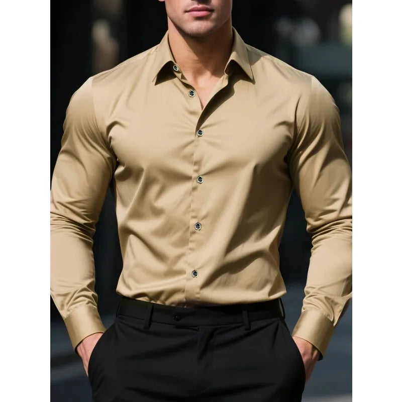 FGKKS New Men Casual Shirt Brand Fashion Solid Color Long Sleeve Elastic Fabric Male Business Dress Shirt