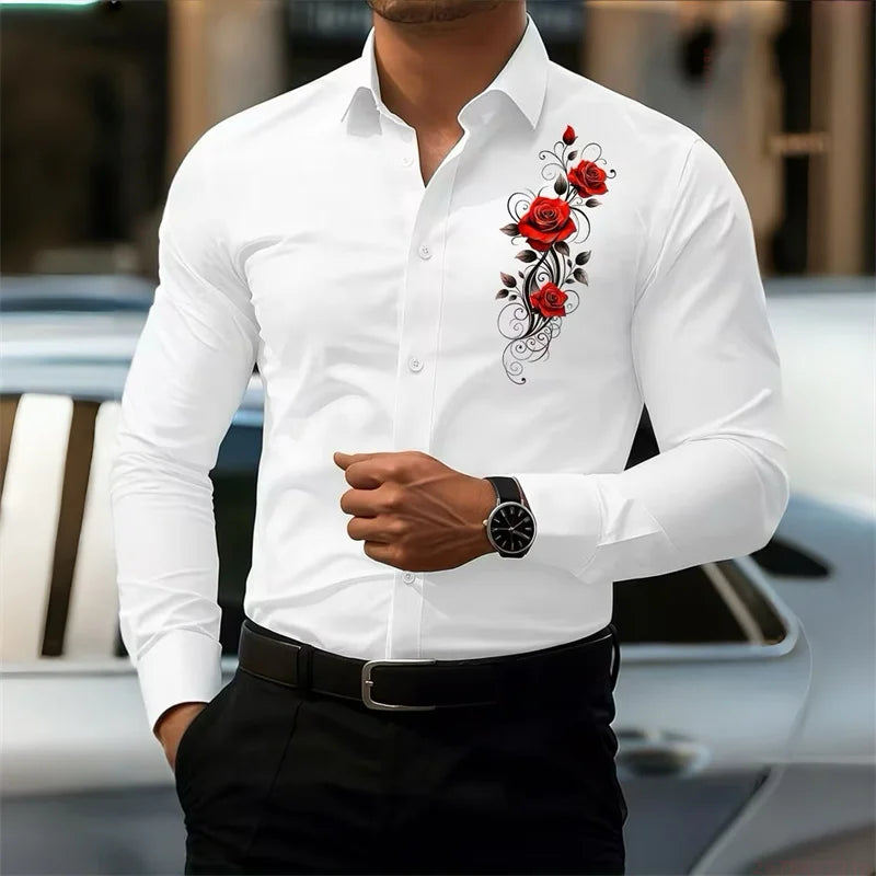 Men's Long-Sleeved Shirt, Featuring a Vintage Red Rose Print Design. A Stylish Business Casual Shirt and Fashionable Men's Top.