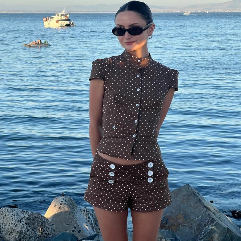 MUJER Polka Dot Crop Top Woman Summer Button Short Tops Woman Holiday Sleeveless Tops Women Set Streetwear Tank Women's Tops