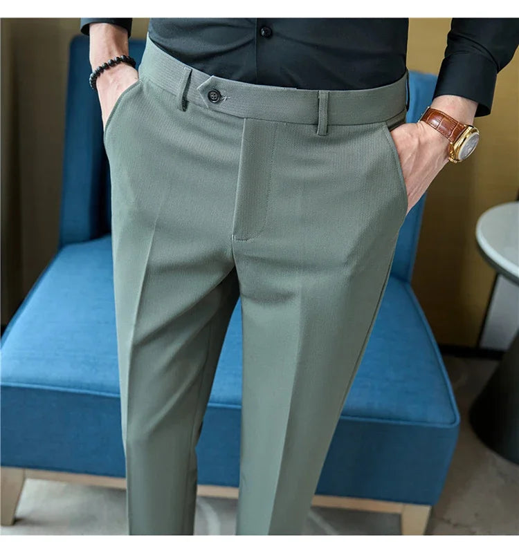2025  New Autumn Green Premium Dark Stripe Formal Pants for Men,Coffee Slim Small Foot Mens Casual Trousers/Dress Pants Men
