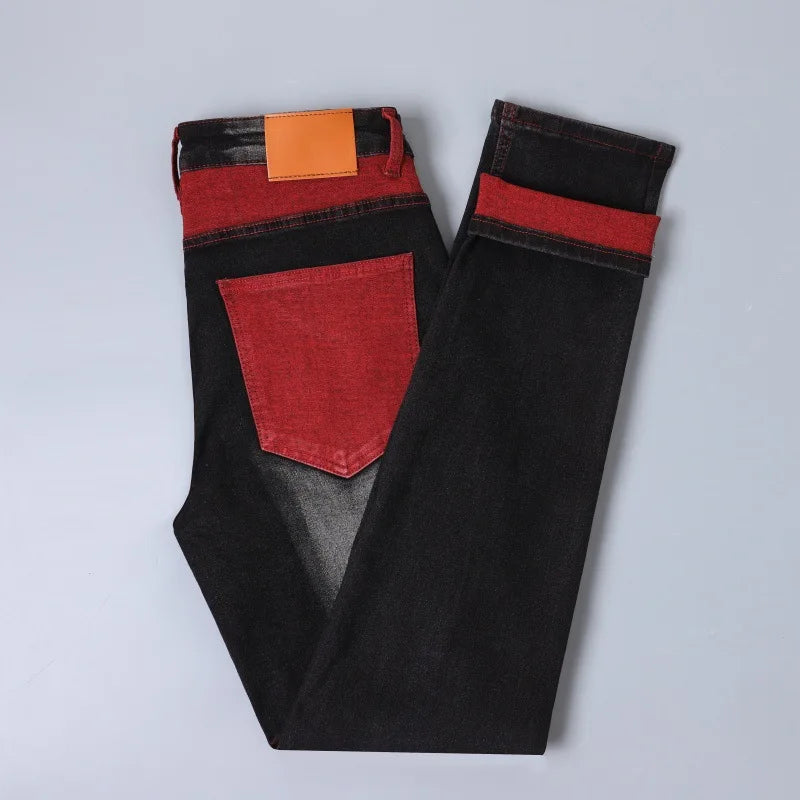Men's Black Stretch Jeans for Spring and Fall, Denim Pants with Red Ripped Details, Asian Sizes 28–42.