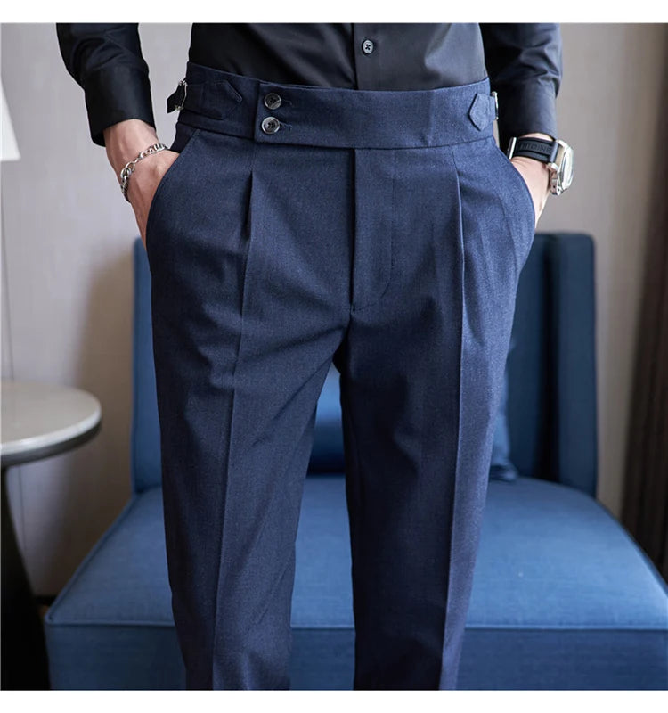 British Style Men High Waist Casual Dress Pant Men Belt Design Pink Trousers Formal Office Social Wedding Party Dress Suit Pants
