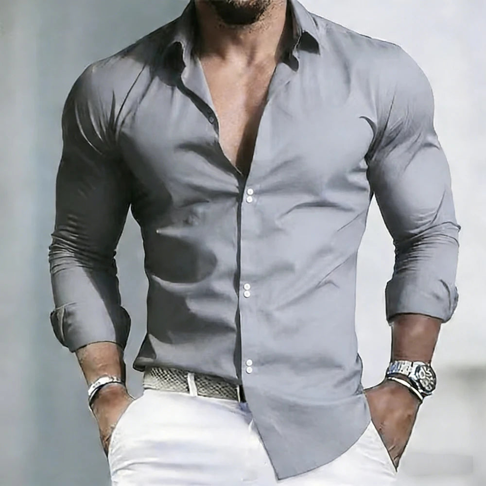 2026 Solid Color Men's Shirt Casual White Shirt High Quality Solid Color Long Sleeve Stretch Fabric Business Formal Shirt XS-6XL