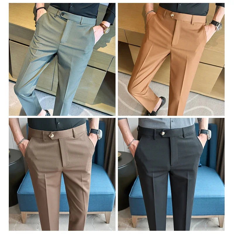 2025  New Autumn Green Premium Dark Stripe Formal Pants for Men,Coffee Slim Small Foot Mens Casual Trousers/Dress Pants Men