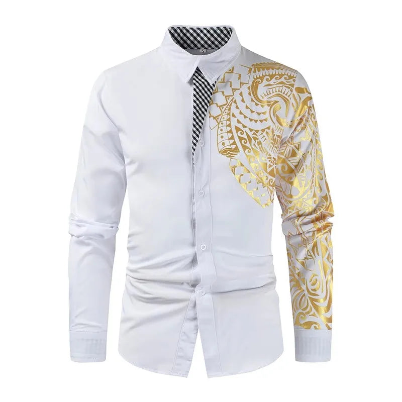 New Fashion Men's Shirt Gold Stamping Printing Long Sleeve Shirt Slim Fit Causal Turn Down Collar Hot Sale