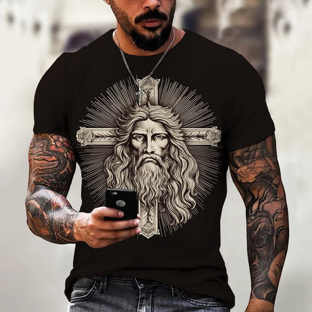 New Fashion Personality Men's T-Shirt Christian Cross Pattern 3D Printed Retro Short Sleeve O Neck Quick Dry High Quality Top